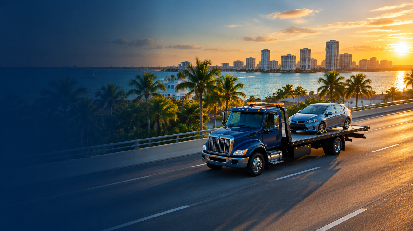 Tow truck crossing a Florida coastal bridge near a city skyline